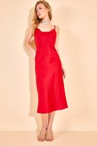 XHAN Kadın Kırmızı Degaje Yaka Saten Elbise 1YZK6-11844-04 - 4