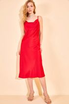 XHAN Kadın Kırmızı Degaje Yaka Saten Elbise 1YZK6-11844-04 - 5