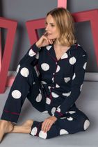 Siyah İnci Pamuklu Likralı Düğmeli Biyeli Pijama Takım - 1