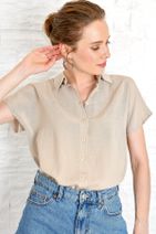 Trend Alaçatı Stili Kadın Bej Kısa Kol Keten Gömlek ALC-X4211 - 2
