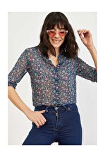 Bianco Lucci Kadın Kol Katlamalı Renkli Çiçek Desen Tül Gömlek - 1