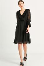 Say Kadın Siyah Yakası Pileli Şifon Elbise - 1