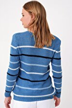 Trend Alaçatı Stili Kadın Mavi Çizgili Triko Kazak ALC-X5063 - 5