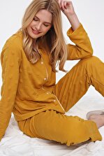 Trend Alaçatı Stili Kadın Hardal V Yaka Desenli Pijama Takım ALC-X5533 - 2
