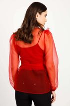 Moda İlgi Kadın Kırmızı Volanlı Şeritli Bluz - 6