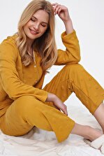 Trend Alaçatı Stili Kadın Hardal V Yaka Desenli Pijama Takım ALC-X5533 - 4