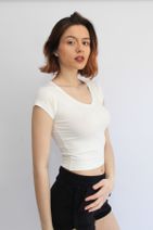 Rosse Butik Kadın Ekru V Yakalı Crop Top T-shirt - 2