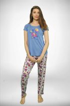 Malabadi Kadın Mavi Renkli Geniş Yaka Çiçek Baskı 3 'lü Yazlık Pijama Takımı 5001 - 1