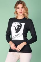 Fulla Moda Kadın Siyah Atatürk Baskılı Sweatshirt - 1