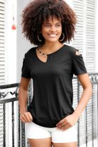 Chiccy Kadın Siyah Yuvarlak Yaka Kısa Kol Midi Regular Fit Örme Bluz - 1