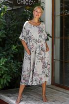 Chiccy Kadın Bej İtalyan Sıfır Yaka Gül Desenli Beli Büzgülü Astarlı Kısa Kol Elbise M10160000EL94314 - 5