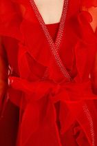 Moda İlgi Kadın Kırmızı Volanlı Şeritli Bluz - 5