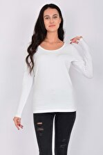 Letoile Pamuk Likralı Uzun Kollu Kadın T-shirt Beyaz - 1