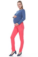 MİMBA Kadın Nar Renk Yarım Bel Dar Paça Kot Hamile Pantolonu - 3