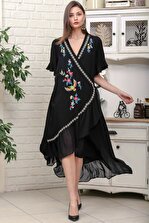 Chiccy Kadın Siyah Kruvaze Anka Kuşu Nakışlı Anvelop Kolu Ve Etek Ucu Fırfır Dokuma Elbise M10160000EL95888 - 2