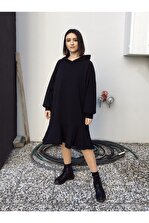 Yukka Kadın Siyah Kapüşonlu Oversize Elbise - 7