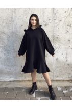 Yukka Kadın Siyah Kapüşonlu Oversize Elbise - 1