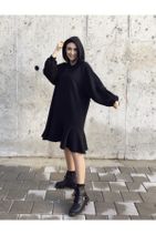 Yukka Kadın Siyah Kapüşonlu Oversize Elbise - 2