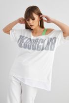 Cool & Sexy Kadın Ekru Önü Baskılı Tek Omuz Salaş T-shirt MF565 - 5