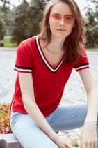 Olgun Orkun Kadın Kırmızı Kol Ve Yakası Şeritli T-Shirt O&O-8Y148029 - 1