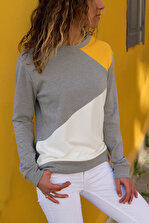 Trend Alaçatı Stili Kadın Gri-Sarı Bloklu Bluz FME-017-193-KST - 1