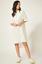 Happiness İstanbul Kadın Beyaz Önü Fermuarlı İncili Salaş Gömlek Elbise 61001 FN00393 - 3