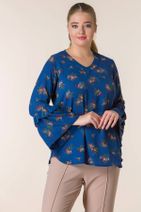 RMG Kadın Lacivert Çiçek Desenli Kol Detaylı Krep Bluz 6510 - 1