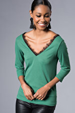 Cool & Sexy Kadın Yeşil Ön Arka V Dantelli Bluz KSD015 - 2