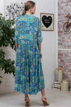 Chiccy Kadın Mavi-Yeşil Bohem Ottoman Desenli Ahşap Düğmeli Büzgülü Salaş Elbise M10160000EL95585 - 3