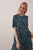 Gusto Çıtır Çiçekli Uzun Pamuklu Elbise - Mavi - 2