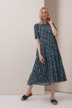 Gusto Çıtır Çiçekli Uzun Pamuklu Elbise - Mavi - 1