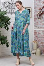 Chiccy Kadın Mavi-Yeşil Bohem Ottoman Desenli Ahşap Düğmeli Büzgülü Salaş Elbise M10160000EL95585 - 1
