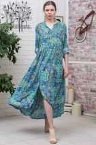 Chiccy Kadın Mavi-Yeşil Bohem Ottoman Desenli Ahşap Düğmeli Büzgülü Salaş Elbise M10160000EL95585 - 2