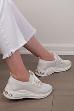 Marjin Kadın Sneaker Kalın Taban Triko Spor Ayakkabı Petro beyaz - 4