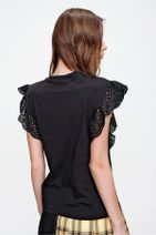 Trend Alaçatı Stili Kadın Siyah Güpür Kollu Vatkalı Bluz ALC-X5939 - 6