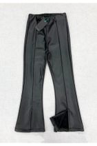 eladamoda Paça Kısmı Yırtmaçlı Siyah Ispanyol Paça Kız Çocuk Deri Pantolon - 1