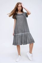 Trend Alaçatı Stili Kadın Antrasit Eteği Volanlı Yıkamalı Elbise MDA-1129 - 2