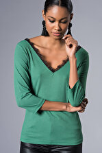 Cool & Sexy Kadın Yeşil Ön Arka V Dantelli Bluz KSD015 - 1