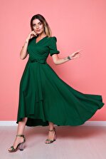Bidoluelbise Kadın Asimetrik Kesim Zümrüt Yeşili Önü Kısa Arkası Uzun Kruvaze Yaka Elbise - 2