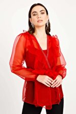 Moda İlgi Kadın Kırmızı Volanlı Şeritli Bluz - 3