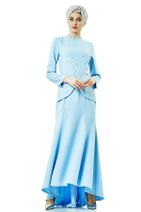 LADYNUR Kadın Abiye Elbise Buz Mavisi 3009-14 - 5
