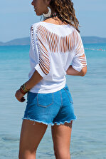 Trend Alaçatı Stili Kadın Beyaz Önü Lazer Kesimli Bluz FME-1610 - 3