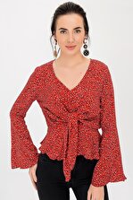 HDS Hadise Kadın Kırmızı Bağlamalı Volanlı Desenli Bluz 2944 - 2