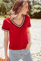 Olgun Orkun Kadın Kırmızı Kol Ve Yakası Şeritli T-Shirt O&O-8Y148029 - 3