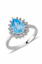 D Diamond Kadın Pırlanta Damla Blue Topaz Altın Yüzük DVS465782 - 2