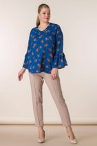 RMG Kadın Lacivert Çiçek Desenli Kol Detaylı Krep Bluz 6510 - 3