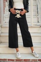 Trend Alaçatı Stili Kadın Siyah Önü Bağcıklı Midi Boy Pantolon ALC-2359 - 2