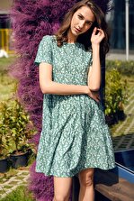 Trend Alaçatı Stili Kadın Yeşil Çiçek Desenli Valonlu Elbise ALC-019-017-K - 1