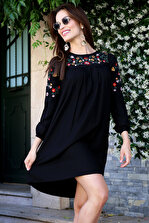 Eka Kadın Siyah Çiçek Nakış İşlemeli Uzun Kol Elbise 0528-0428 - 3