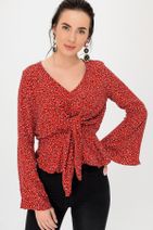 HDS Hadise Kadın Kırmızı Bağlamalı Volanlı Desenli Bluz 2944 - 1